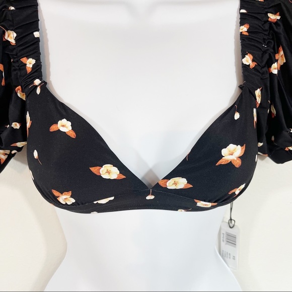 WeWoreWhat Bikini Top XS Floral Sweetheart Puff Sleeve Black - Picture 3 of 12